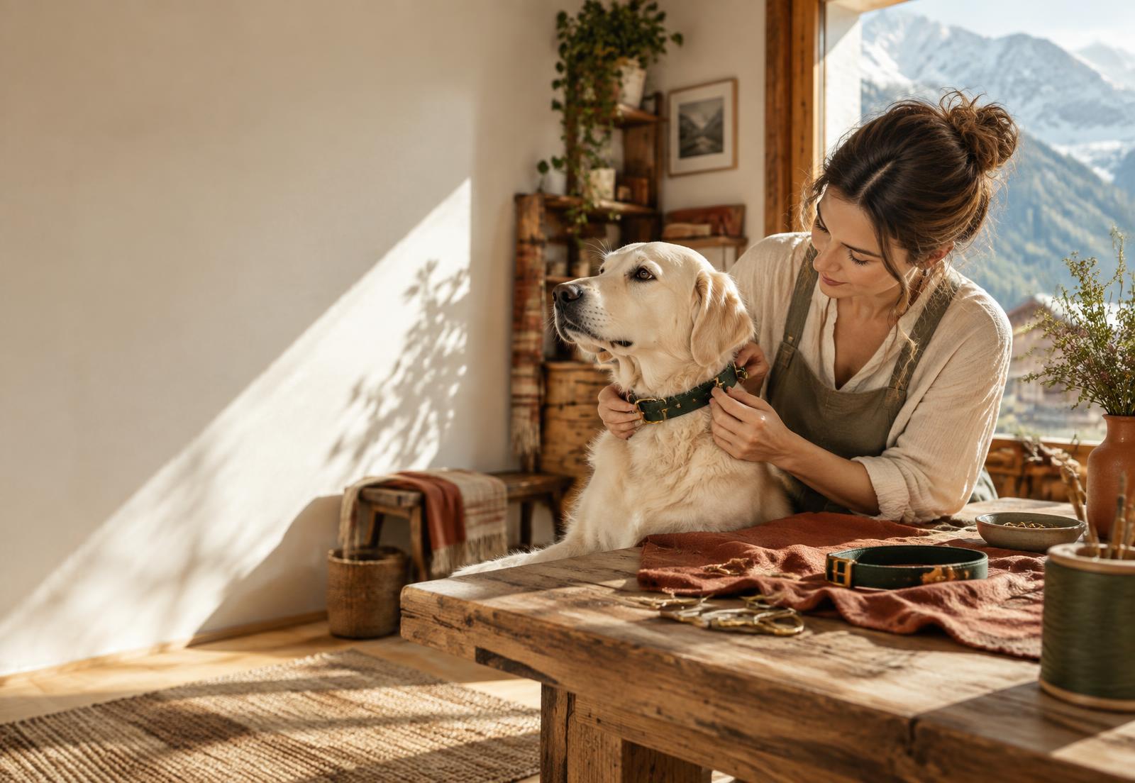 Une créatrice ajuste un collier artisanal sur un chien dans son atelier